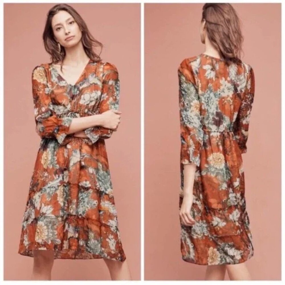 Abstract Floral V-Neck Midi Dress in Rust Anthropologie